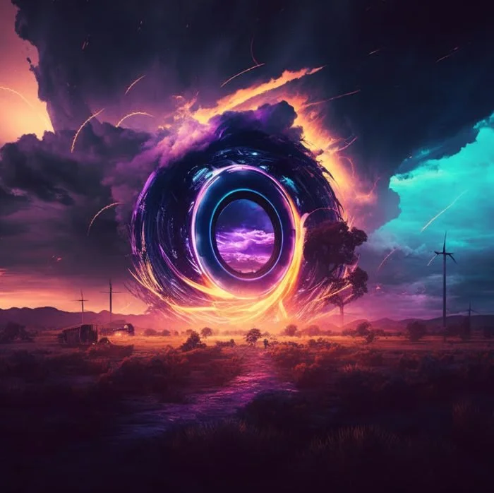 Futuristic landscape with a large glowing portal in the sky, surrounded by clouds with lightning, wind turbines, and trees in the foreground.