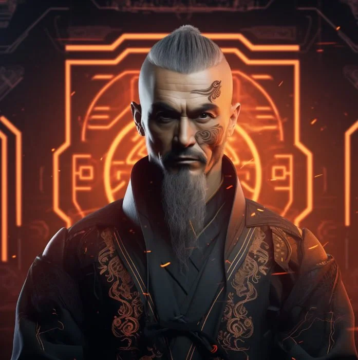 A futuristic man with a high mohawk hairstyle, a long beard, and facial tattoos, dressed in a dark embroidered robe, standing in front of a neon-lit, high-tech digital background.