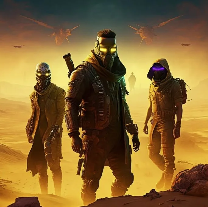 Three armored soldiers with futuristic helmets and glowing visors walking across a desert landscape with flying ships or aircraft in the background.