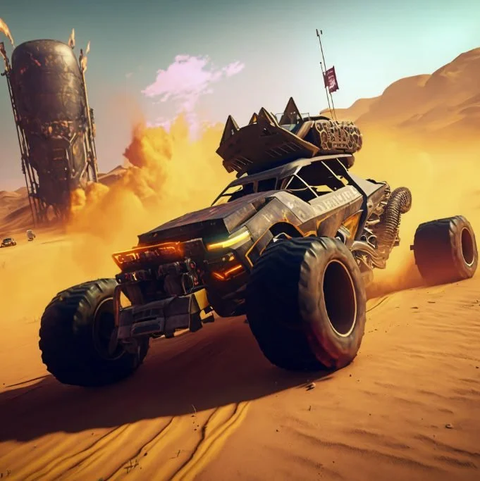 A futuristic off-road vehicle speeding through a desert landscape with a rocket in the background and a clear sky.