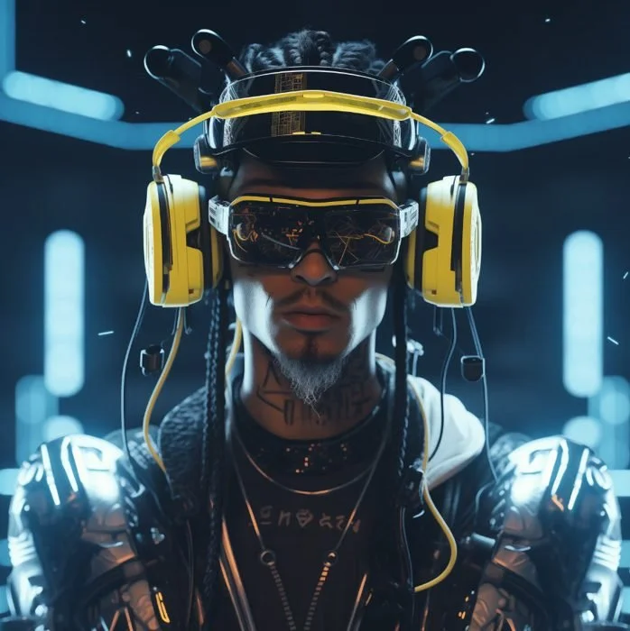 A cyberpunk-style individual wearing augmented reality glasses, yellow headphones, and a futuristic outfit with glowing details, in a high-tech environment.