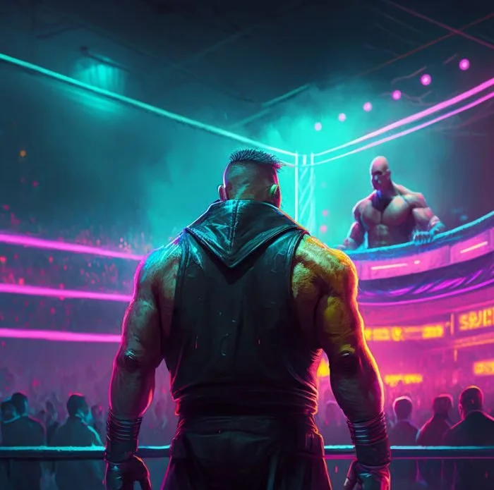 A muscular man with a mohawk hairstyle standing in front of a boxing ring with neon lights, facing another fighter on the opposite side in an arena filled with spectators.