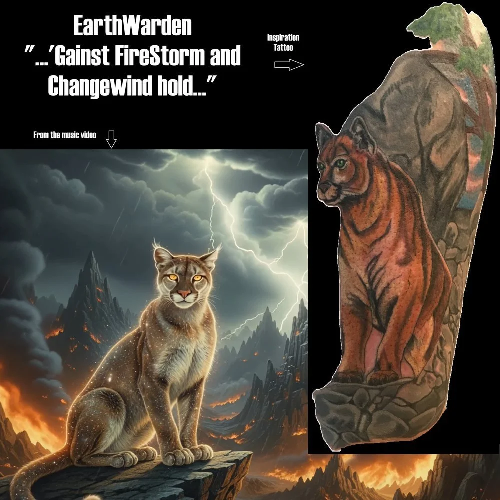 Digital artwork featuring a mountain landscape with stormy clouds and lightning. A feline with glowing eyes and sparkling galaxy-like fur is sitting on a rocky ledge. To the right, there is a tattoo design of a tiger on an arm, and an arrow pointing 