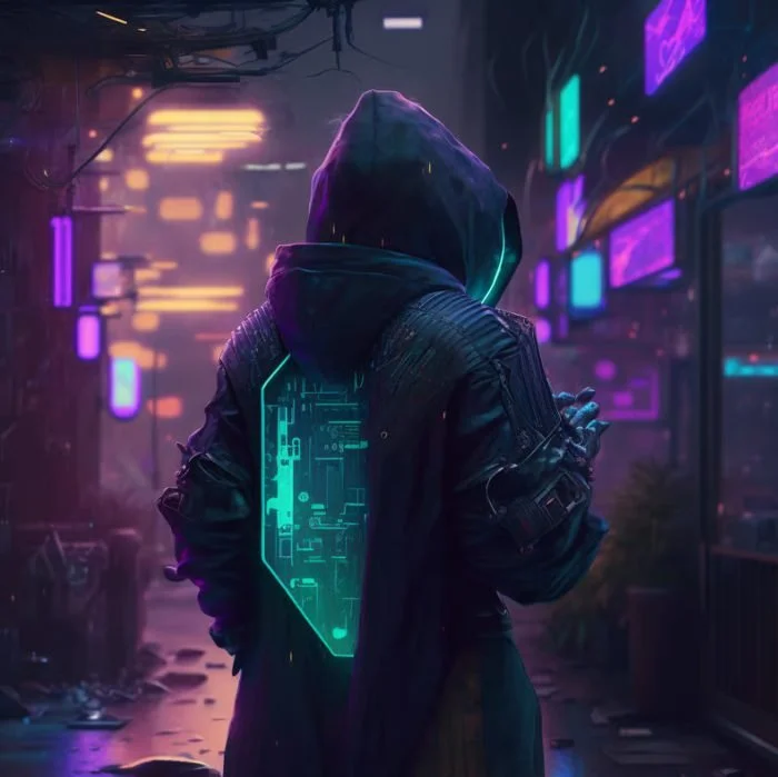 A person wearing a hooded jacket in a futuristic cityscape with neon lights and digital displays, featuring a holographic interface projected on their back.
