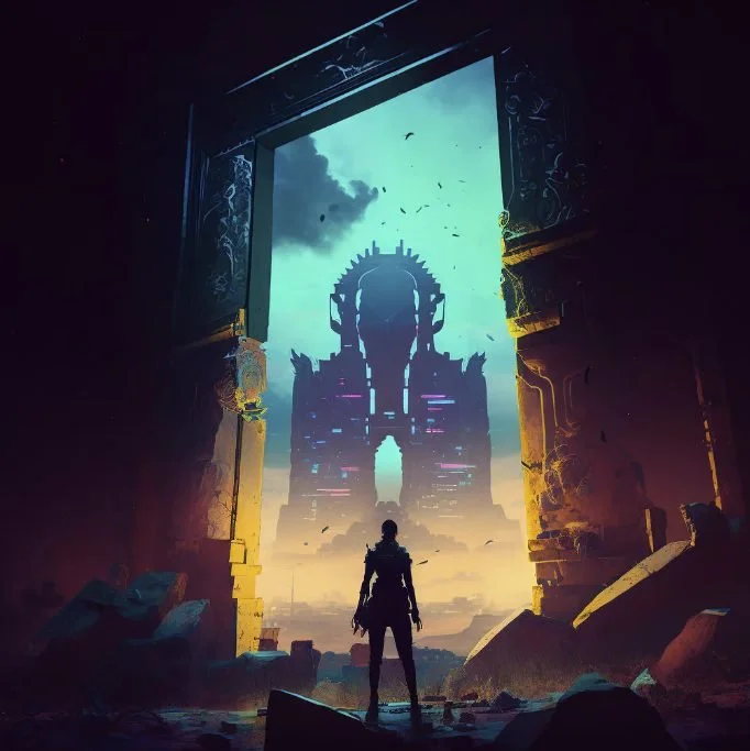 A person standing inside a ruined structure, looking towards a massive, futuristic cityscape with a giant, robot-like face in the distance during sunset or sunrise.