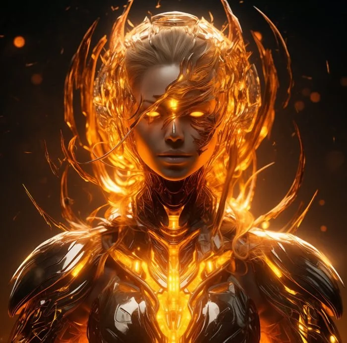 A futuristic female cyborg with glowing orange and gold energy surrounding her, featuring high-tech armor and a metallic face with illuminated eye sockets.