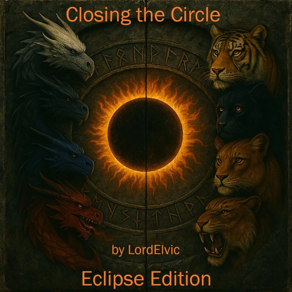 Book cover titled "Closing the Circle" by LordElvic, Eclipse Edition, featuring a central solar eclipse surrounded by stylized animals including a dragon, griffin, three-headed dog, and lions, with a circular rune inscription.
