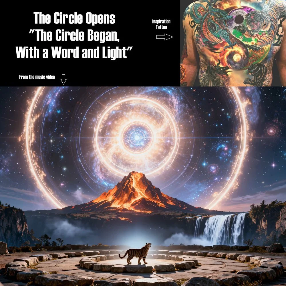A digital collage with a black box at the top left containing white text that reads 'The Circle Opens, The Circle Began, With a Word and Light,' with arrows pointing to an insight tattoo of a dragon on a person's chest and a scene from a music video.