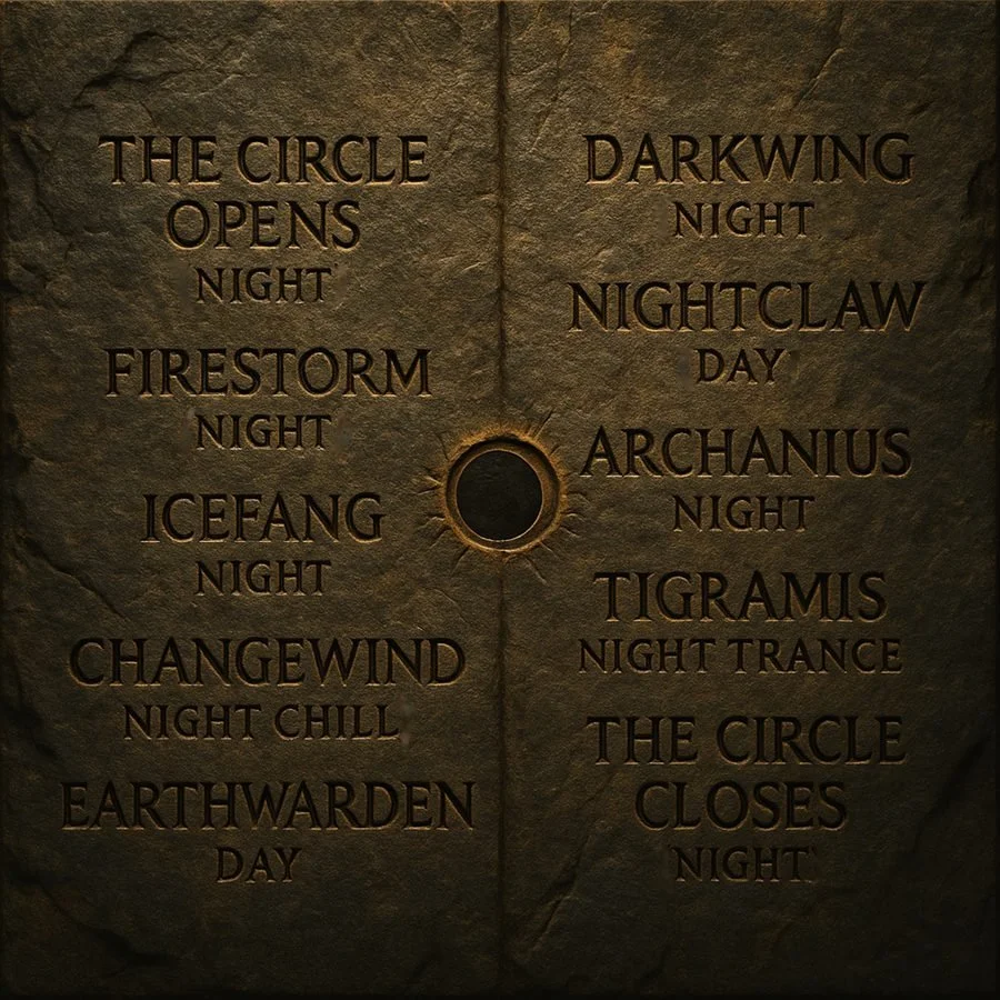 A stone or metal plaque engraved with a list of names of magical creatures and associated times of day or night, divided into two columns. The left column lists: The Circle Opens Night, Firestorm Night, Icefang Night, Changewind Night Chill, Earthwar