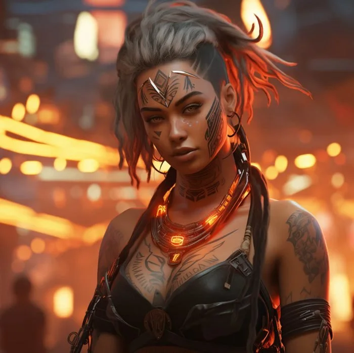A woman with tattoos, tribal face paint, and decorated hair styled in a messy, spiky fashion. She wears glowing jewelry and stands against a fiery, urban background.