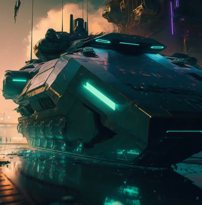 Futuristic sci-fi spaceship with glowing blue and orange lights, docked in a space station or city with other spacecraft and tall buildings in the background.