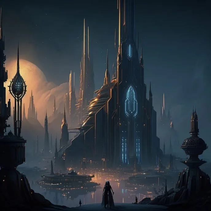 A dark, futuristic cityscape with tall, sleek, glowing skyscrapers and a large castle-like structure in the center, illuminated with blue and orange lights, under a night sky with a large moon.