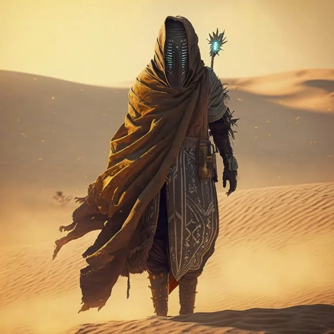 A character dressed in a dark, hooded cloak with a futuristic mask, walking through a desert with sand dunes and a hazy sky, carrying a glowing staff.