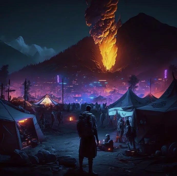 A volcanic eruption with a large ash plume in the background, illuminating a futuristic nighttime camp with glowing tents and neon signs, and a person standing in the foreground observing the scene.