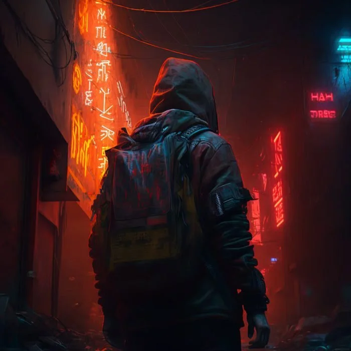 A person wearing a hoodie and leather jacket with a backpack, standing in a dark city street illuminated by neon signs in Chinese characters.