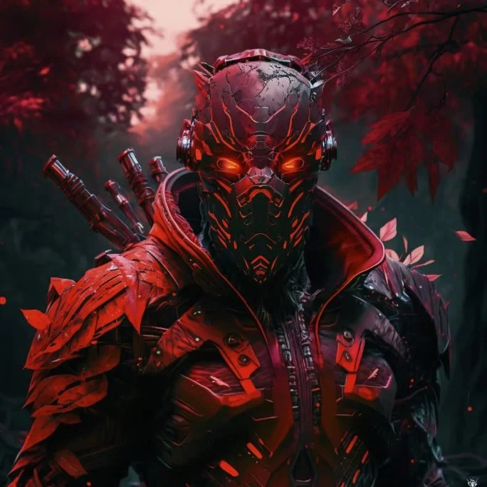 A futuristic armored character wearing a mask and glowing red eyes, with a dark and red-hued background of trees and falling leaves.