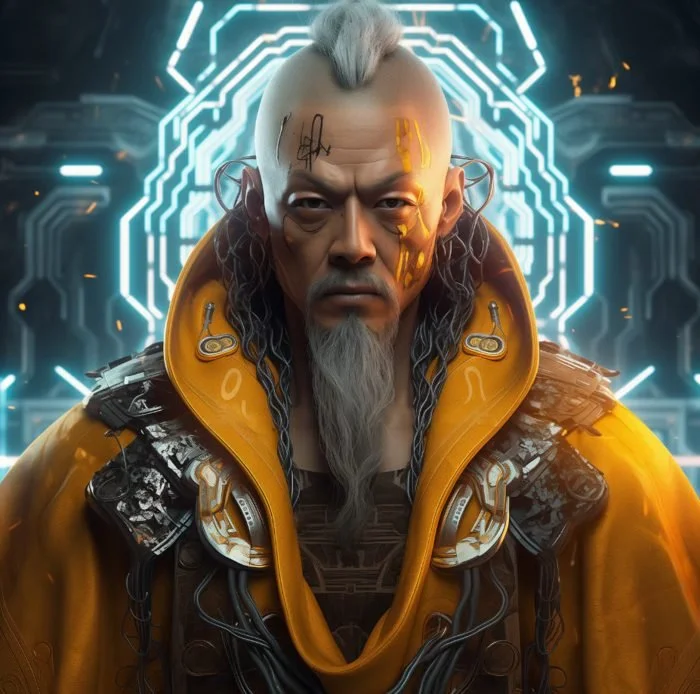 A futuristic man with a mohawk hairstyle, facial tattoos, and a long beard, wearing a yellow armored suit with cybernetic enhancements, in front of a high-tech digital background.