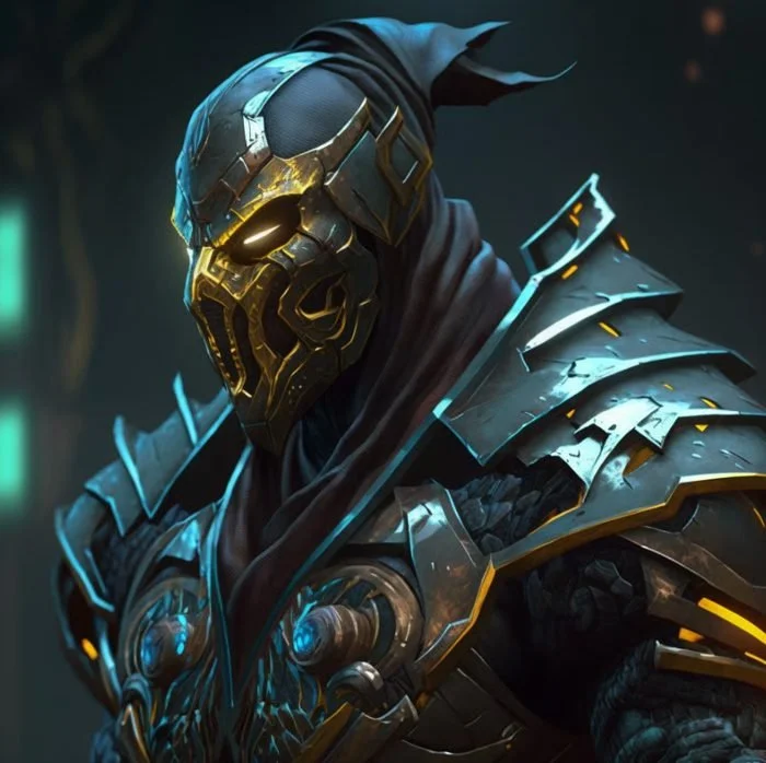 Futuristic armored warrior with a glowing skull mask and metallic armor with blue accents.