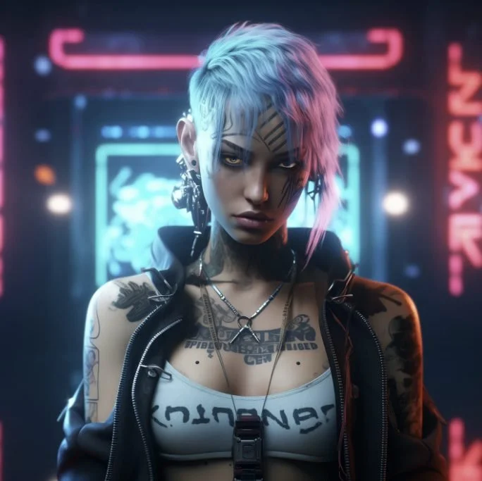 A woman with short, pastel-colored hair and tattoos, wearing a white top and a black leather jacket, standing in front of neon signs in a cyberpunk-style setting.