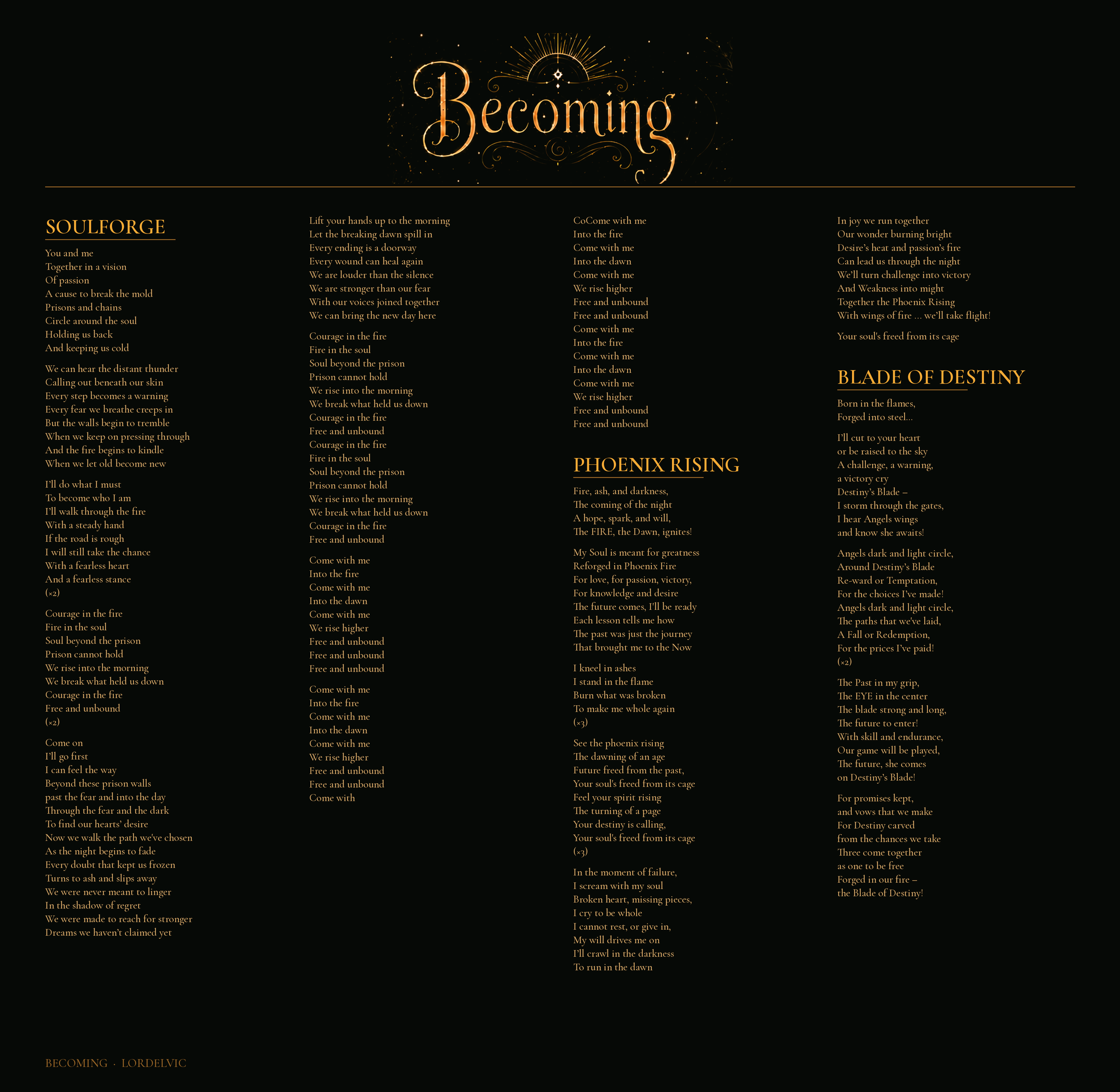 The image displays the lyrics of the poem or song titled 'Becoming' by Lordelvic, with a dark background and golden text. The text is arranged in multiple columns, and the title 'Becoming' is at the top center with decorative elements radiating from it.