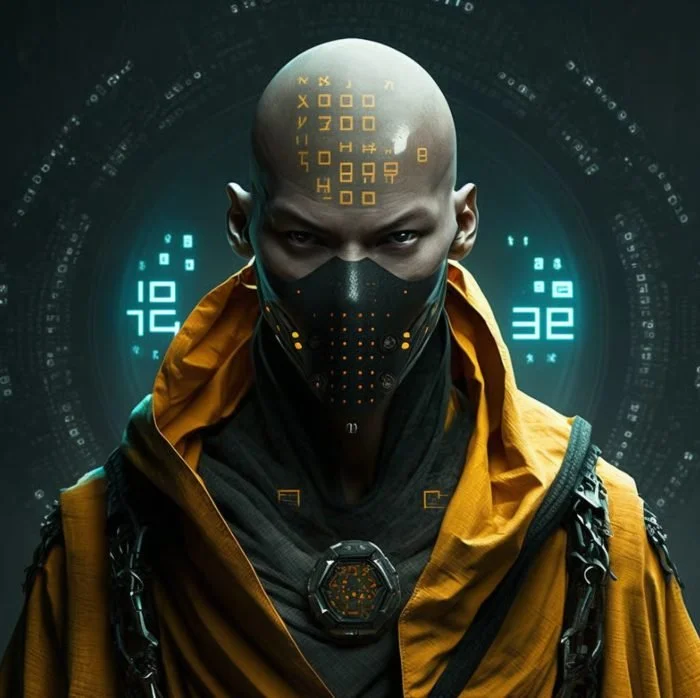 A futuristic person with a shaved head wearing a face mask and a yellow jacket, surrounded by digital and holographic displays.
