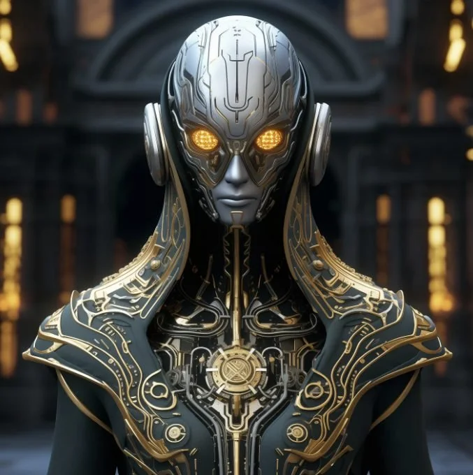 A futuristic humanoid robot with intricate gold and black mechanical details, glowing yellow eyes, and a sleek metallic face with patterns, set against a dark, industrial background.