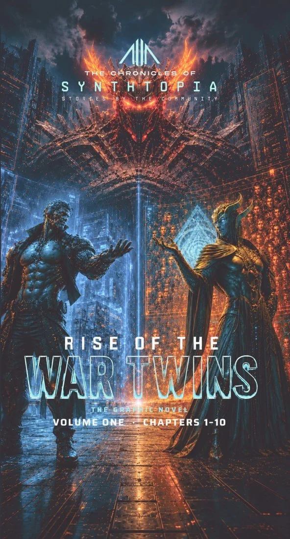 A science fiction cover art titled "Rise of the War Twins" from "The Chronicles of Syntopia" features two characters in a futuristic city. The male character on the left has a muscular build with cybernetic enhancements, and the female character on the right has an elaborate outfit with a glowing headpiece. The background showcases a high-tech cityscape with tall buildings, neon lights, and a dramatic sky. The artwork is dark with vibrant blue and orange highlights.