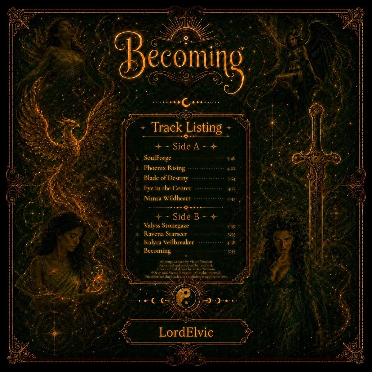 Album cover titled "Becoming" with a dark ornate design featuring mythical and fantasy elements. It includes a track listing for sides A and B, with song titles and durations, and artistic illustrations of women, a phoenix, a sword, and celestial symbols in gold and dark tones.