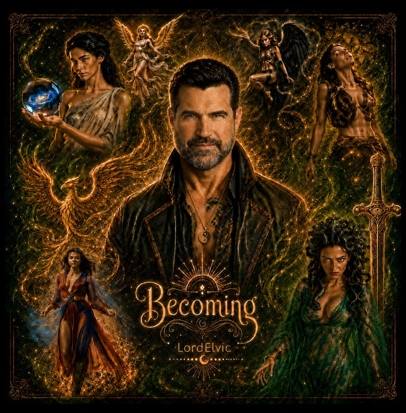 A digital fantasy art composition featuring a bearded man in leather jacket at the center, surrounded by ethereal female figures, angels, and mythological beings, with glowing golden details and symbols, and the text 'Becoming LordElvic' at the bottom.
