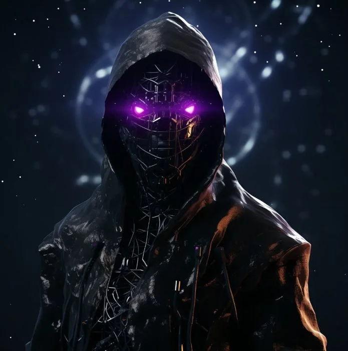 A person wearing a black hooded jacket with a glowing, circuit-like mask with purple eyes and a futuristic background with swirling lights.