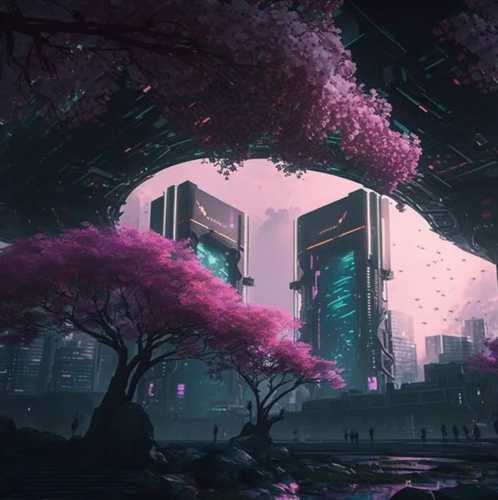 Futuristic cityscape with glowing skyscrapers and pink cherry blossom trees in the foreground, under a large, curved overpass.
