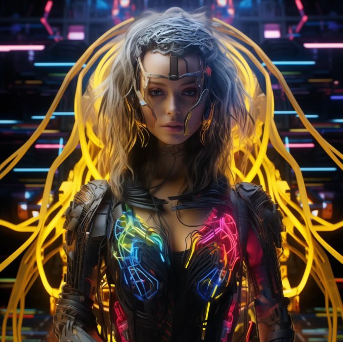 A woman wearing a futuristic, cyberpunk costume with glowing neon lights and mechanical elements, set against a high-tech background with colorful lighting.