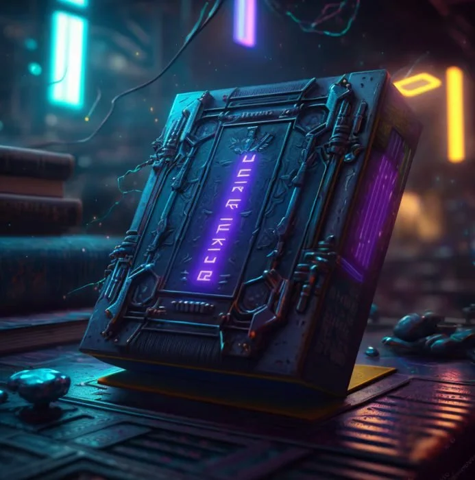 A futuristic book with glowing purple alien script on its cover, placed on a technologically advanced surface with neon lights in the background.