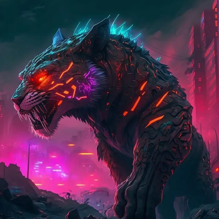A cybernetic tiger with glowing orange and purple eyes and neon accents in a futuristic city with bright pink and purple lighting.