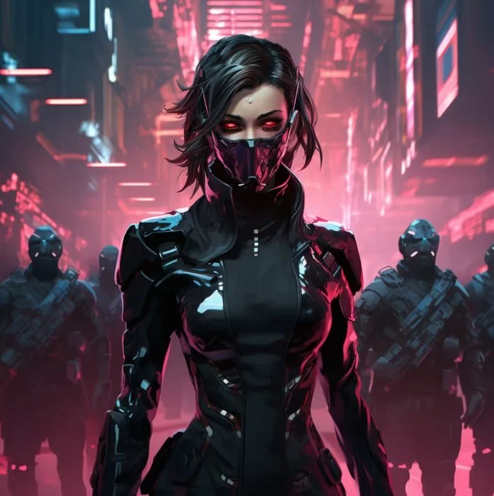 Futuristic female soldier with black hair, red glowing eyes, black combat suit, and face mask, surrounded by armed soldiers in a neon-lit cityscape.
