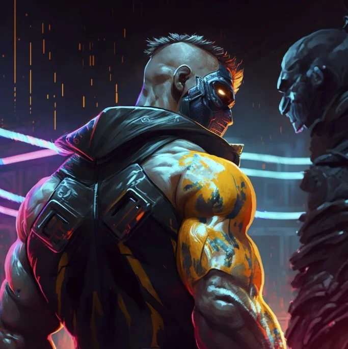 Cyberpunk character with a mohawk hairstyle, wearing high-tech goggles, a jacket with glowing accents, and muscular arms, standing in a futuristic neon-lit environment facing an armored figure.