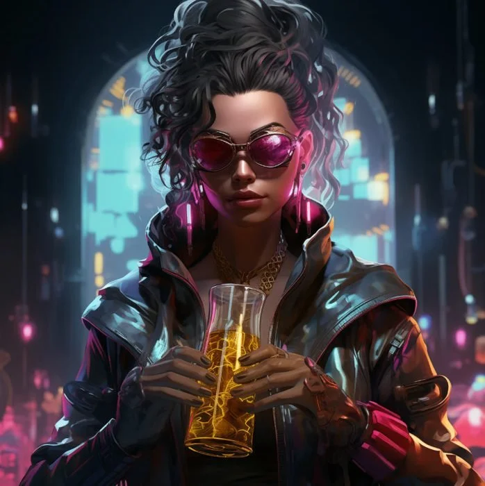 Cyberpunk woman with curly hair wearing sunglasses and a leather jacket, holding a glowing yellow drink with neon city lights in background.