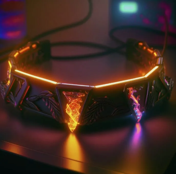 A glowing, futuristic LED collar with orange, yellow, and purple lights resting on a dark surface.