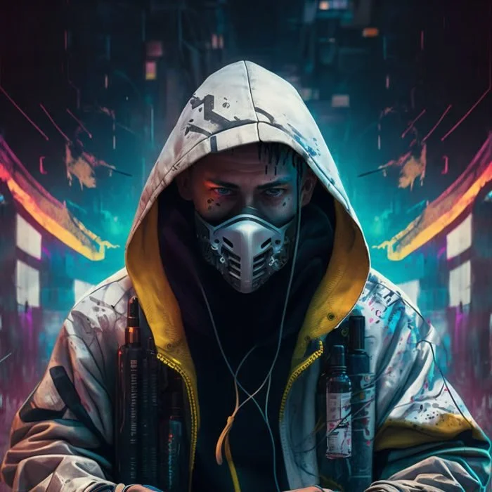 A person in a hoodie and mask with cyberpunk neon city background.