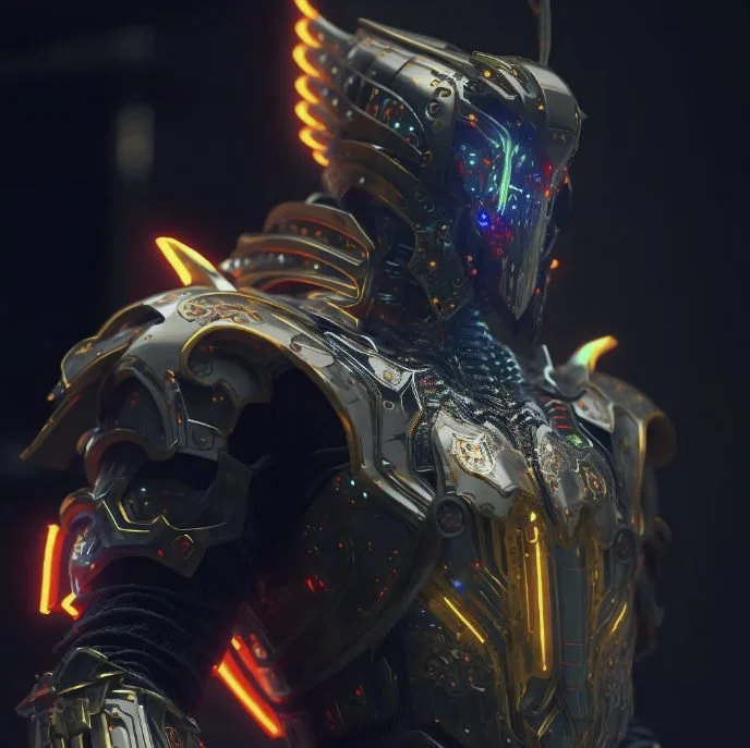 Futuristic armored robot with glowing lights and intricate metal design, standing in a dark environment.