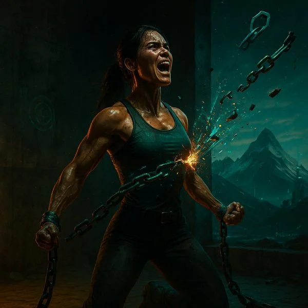 A woman breaking a chain with a fiery explosion in her chest, showing intense emotion and strength, with a mountain landscape in the background.