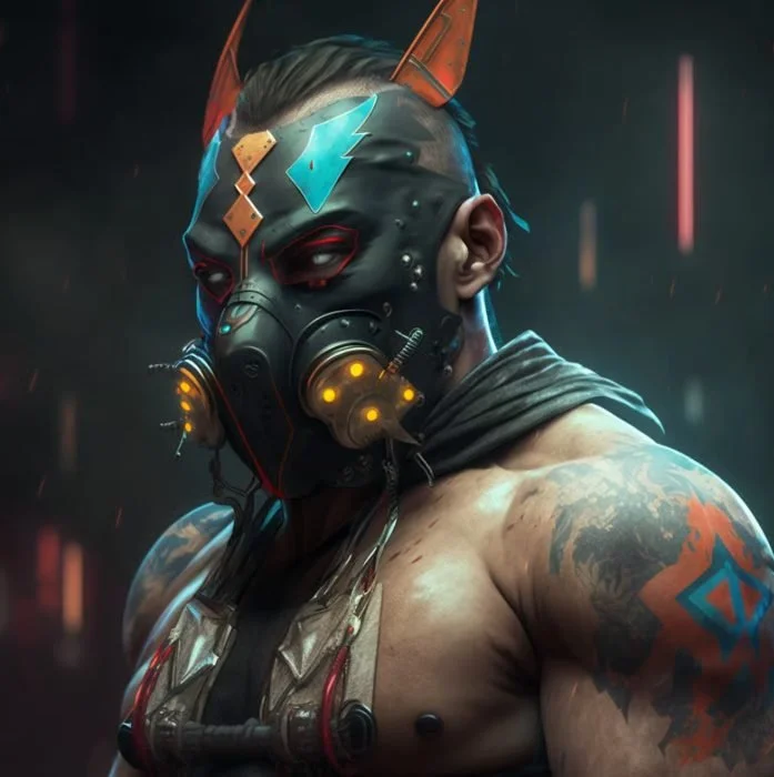 A person wearing a futuristic, cyberpunk-style mask with glowing yellow accents, orange horns, and tattoos, with a dark background and neon lights.