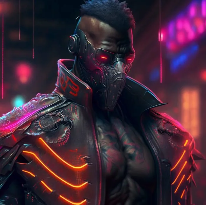 A person dressed in futuristic cyberpunk style with illuminated armor, wearing a mask and sunglasses with red lights, in a neon-lit city background.