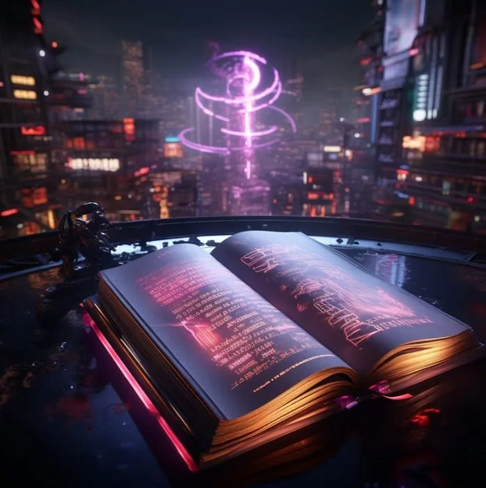 A neon-lit cityscape viewed through a window with an open book on the ledge, featuring glowing diagrams and Chinese characters, and a floating holographic projection in the sky.