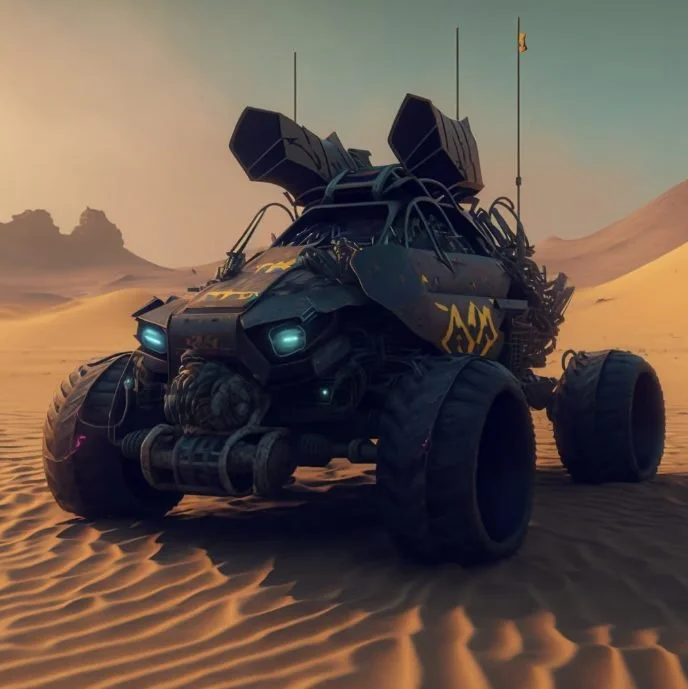 A futuristic vehicle parked on a desert landscape with sand dunes and a clear sky in the background.