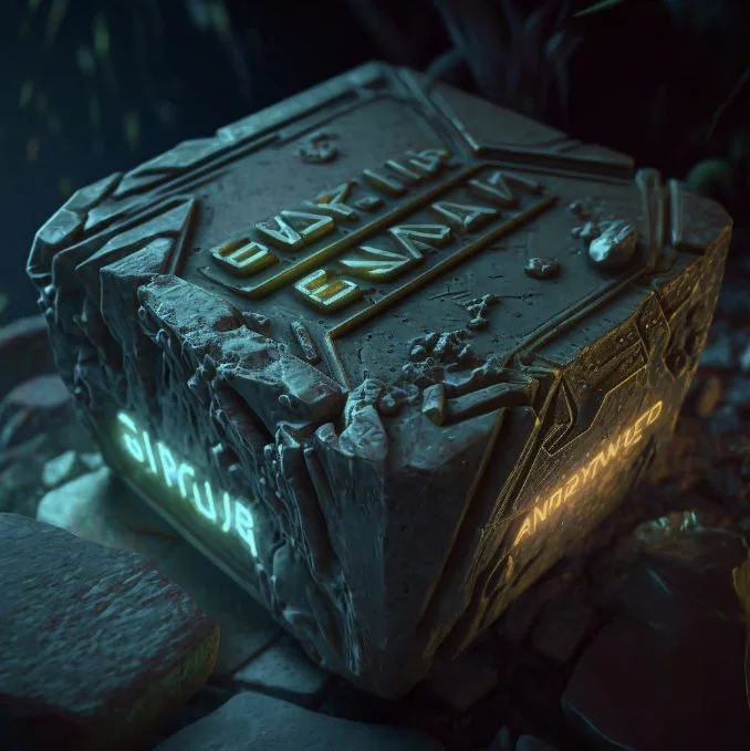 A large, weathered, and ornate stone or metal cube with glowing inscriptions on its sides and top, surrounded by rocks and dark, foliage-like environment.