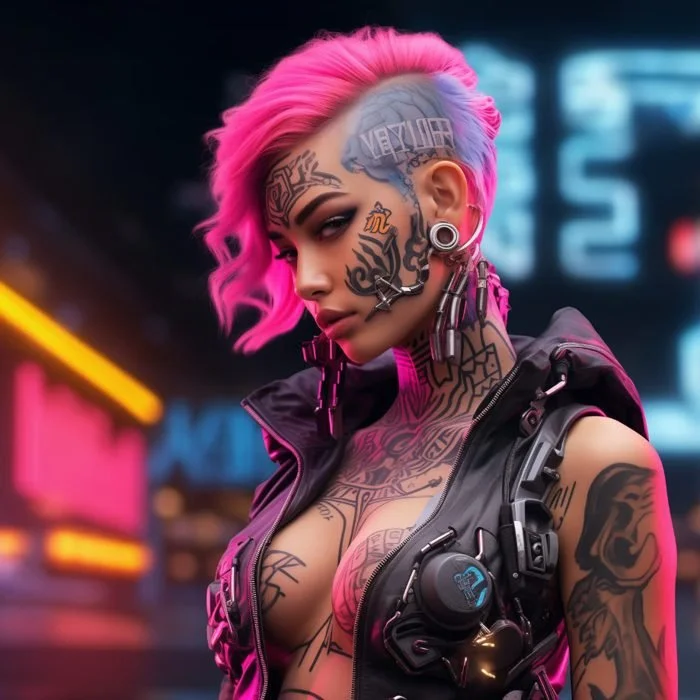 A woman with short, vibrant pink and purple hair, tattoos covering her face, neck, and arms, wearing a sleeveless black leather vest with tech gadgets attached, standing in a neon-lit urban setting.