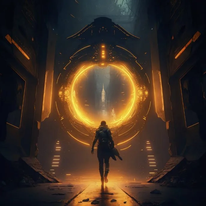 A person holding a helmet walks towards a glowing, circular portal inside a futuristic, dark hangar with city skyscrapers visible through the portal.