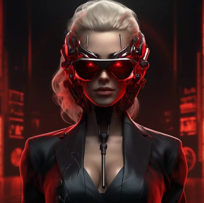 A woman wearing futuristic red and black cybernetic headgear with sunglasses, in a dark, neon-lit environment.