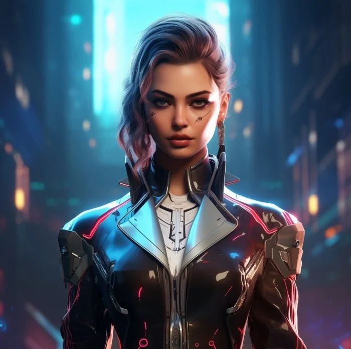 A woman with pink and purple hair styled in waves, wearing a futuristic black and white jacket with glowing accents, standing in a neon-lit urban environment.
